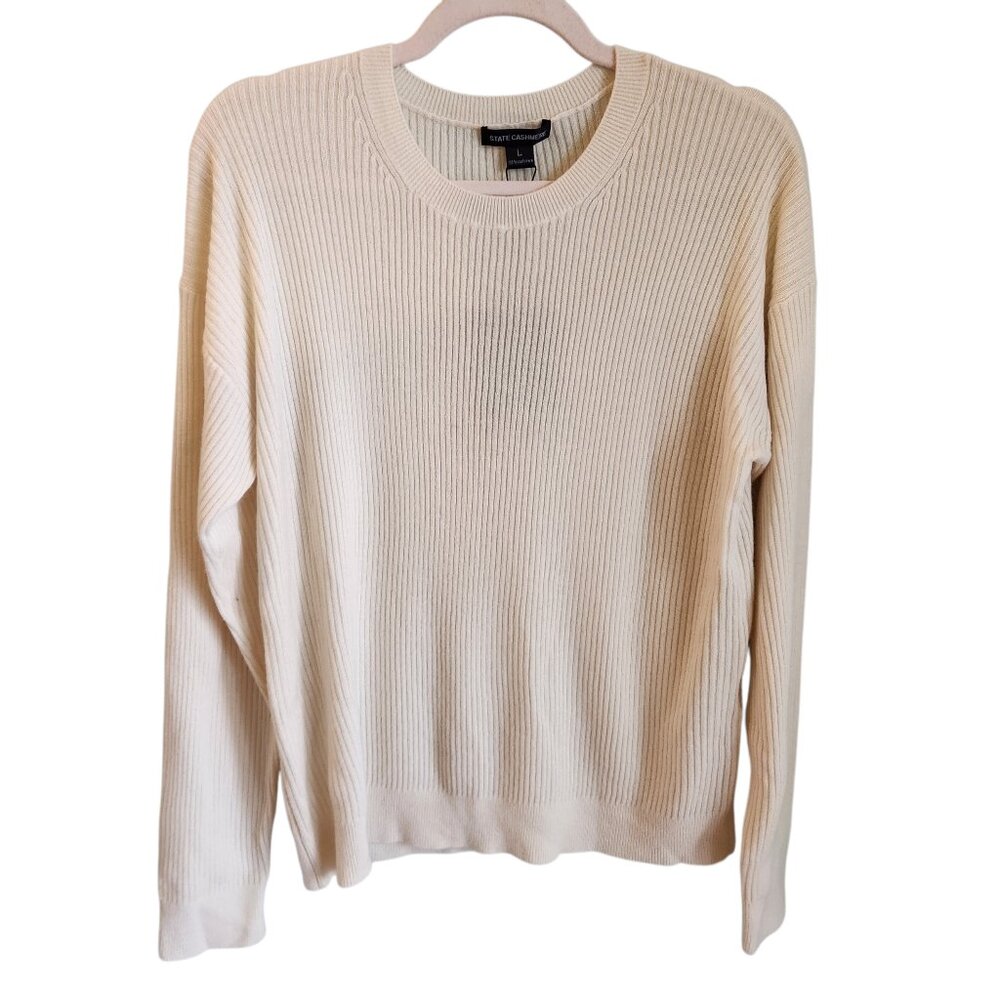 State Cashmere Sweater Women's Large Beige Ribbed Crew Neck 100% Cashmere NEW